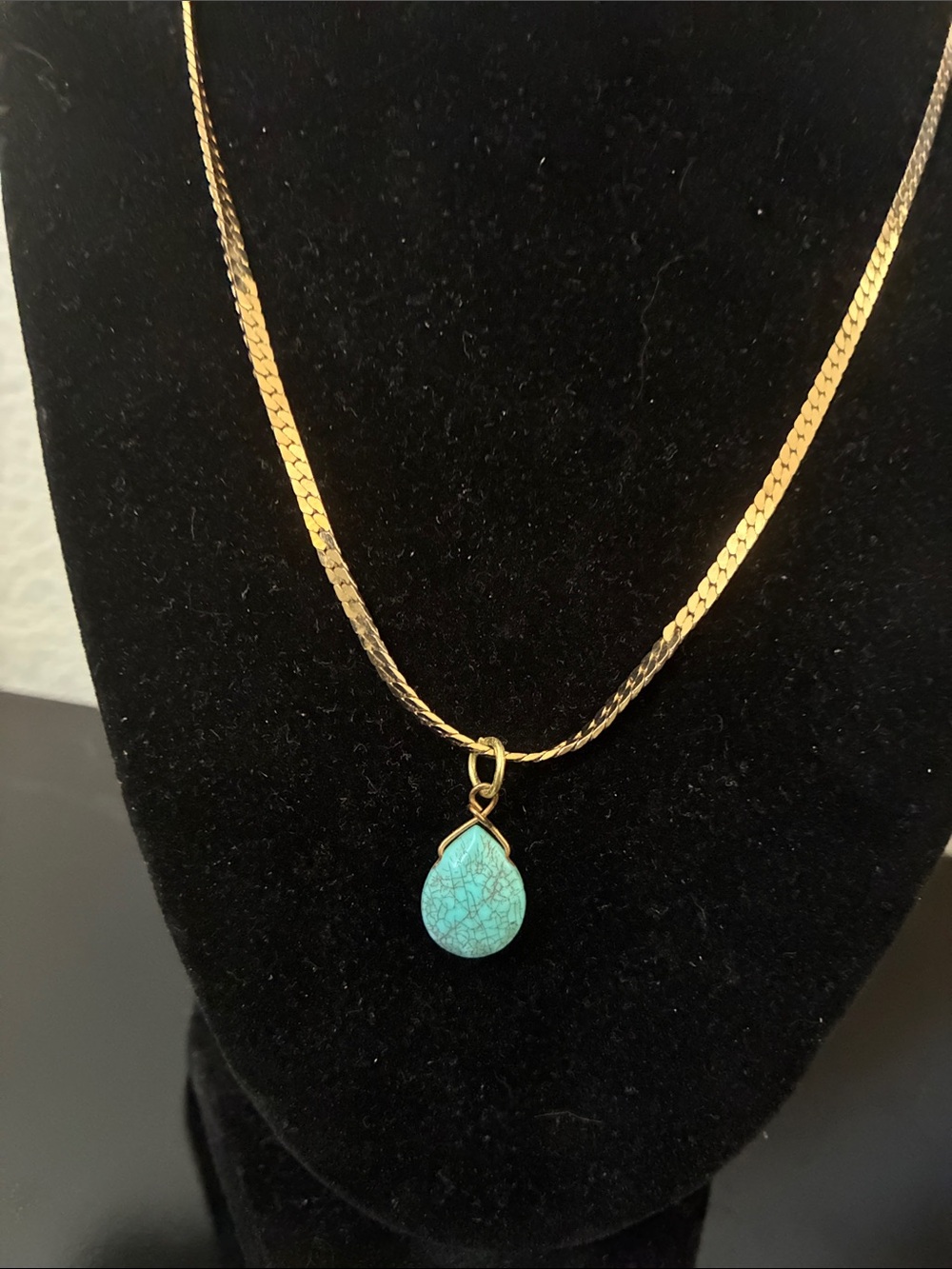 Gold Tone Chain Necklace with Antique Turquoise Teardrop Pendant